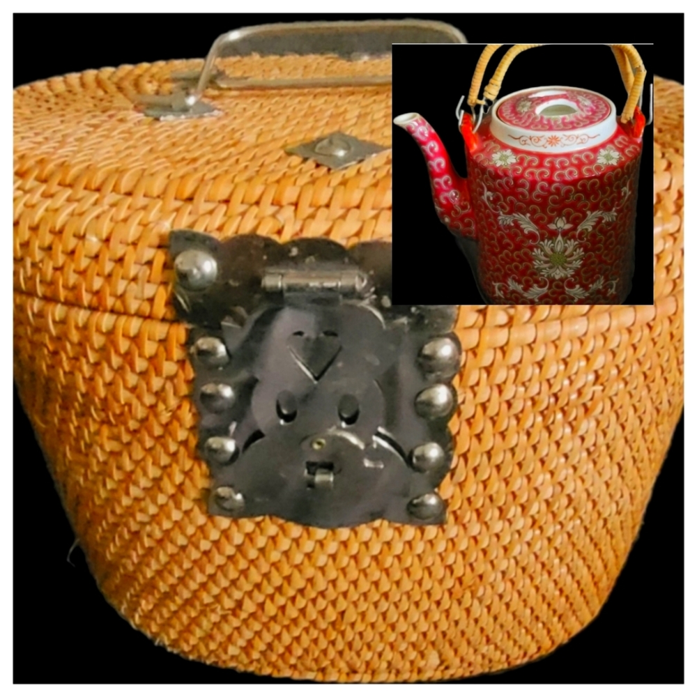 Vintage Elegant Red Floral Teapot with traveling basket, used and appreciated.